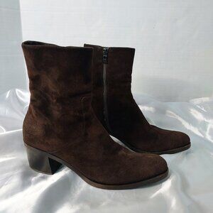 Prada Brown Suede Ankle Booties EU 38.5 Embroidered Floral Side Zip